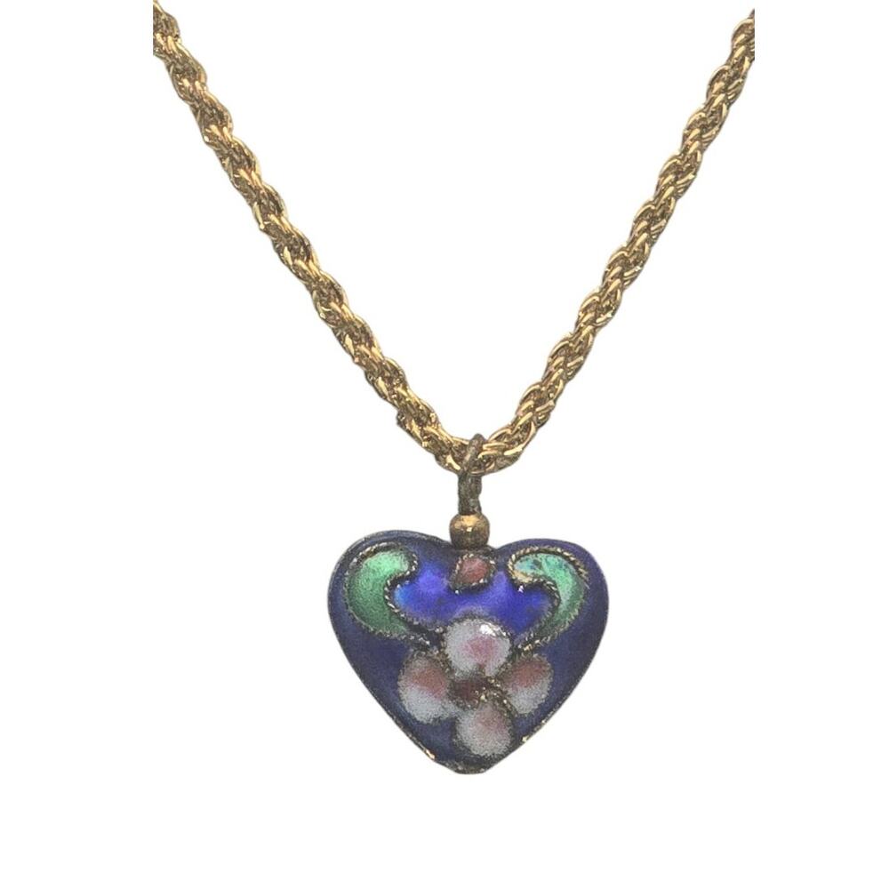 Cloisonné Floral Heart Pendant Necklace Blue Pink Enamel Gold Romantic Charm